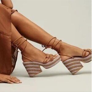 Anthropologie Raffia Platform Sandals Tie-Up Heels Brown Purple Women's 9.5 (40)